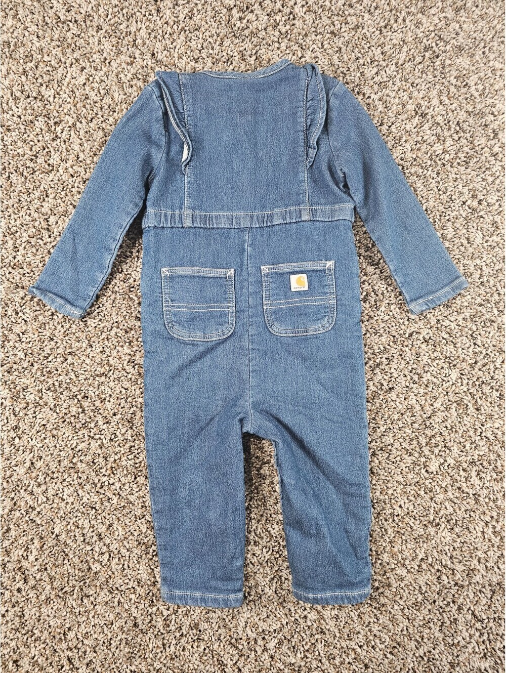 Carhartt denim-like coverall Baby Girls Sz 24m Blue Ruffled Shoulders - Picture 3 of 3